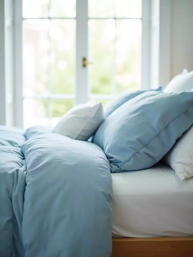 Comfortably made bed with sky blue linen bedding, layered pillows, and soft natural light in a bright bedroom.