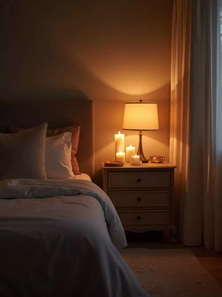 Cozy bedroom illuminated by the soft glow of candles and bedside lamps, creating a calming atmosphere.
