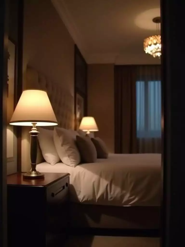 A luxury bedroom at night, illuminated by soft, ambient lighting from bedside lamps and a dimmed chandelier, creating a warm and inviting atmosphere.