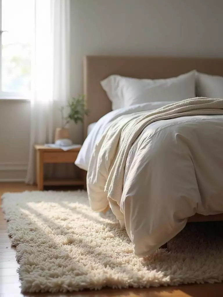 Cozy bedroom scene featuring a plush shag area rug in warm neutral tones.