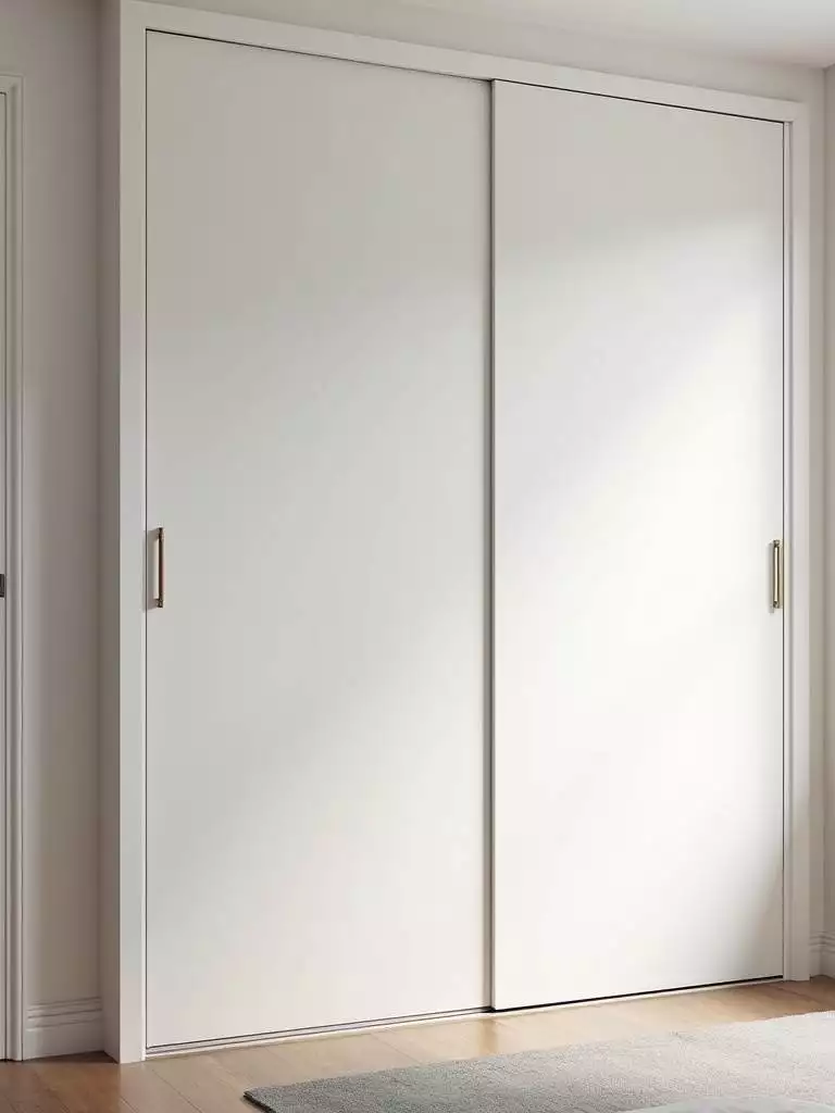Small bedroom with a white sliding door wardrobe, saving space by eliminating swing door clearance.