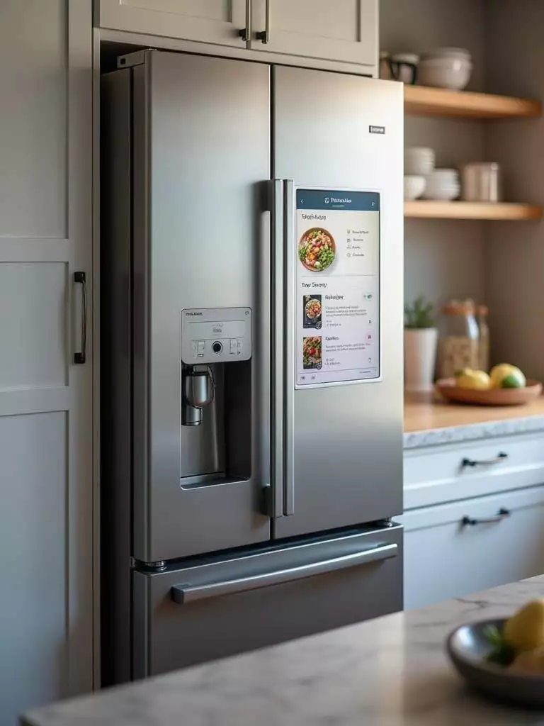 Stainless steel smart refrigerator with a touchscreen display showing a recipe.