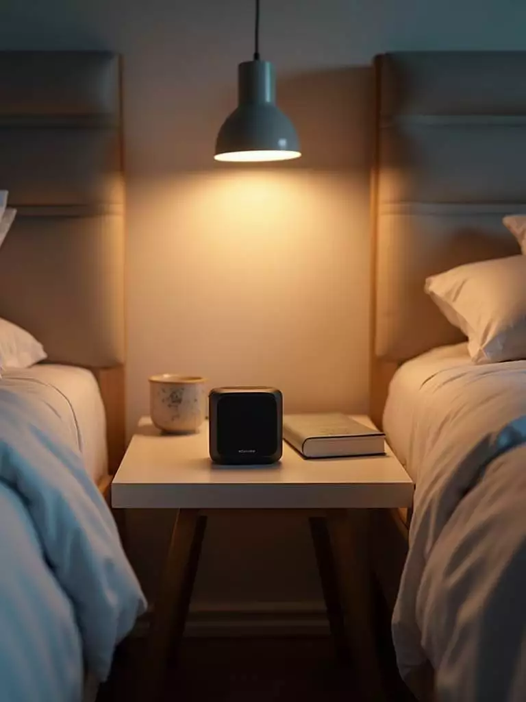 Bedside table with a Bluetooth speaker suggesting soft music creating a romantic ambiance.