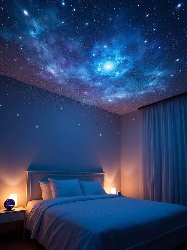 Bedroom ceiling filled with a realistic star projection creating an immersive stargazing experience.