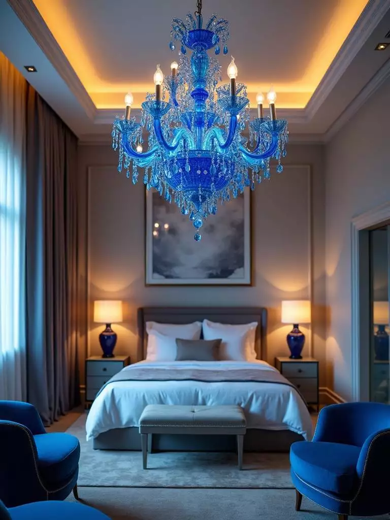 Glamorous bedroom featuring a statement blue chandelier hanging centrally from the ceiling, with luxurious bedding, elegant furniture, and warm ambient lighting, creating a sophisticated and opulent atmosphere.