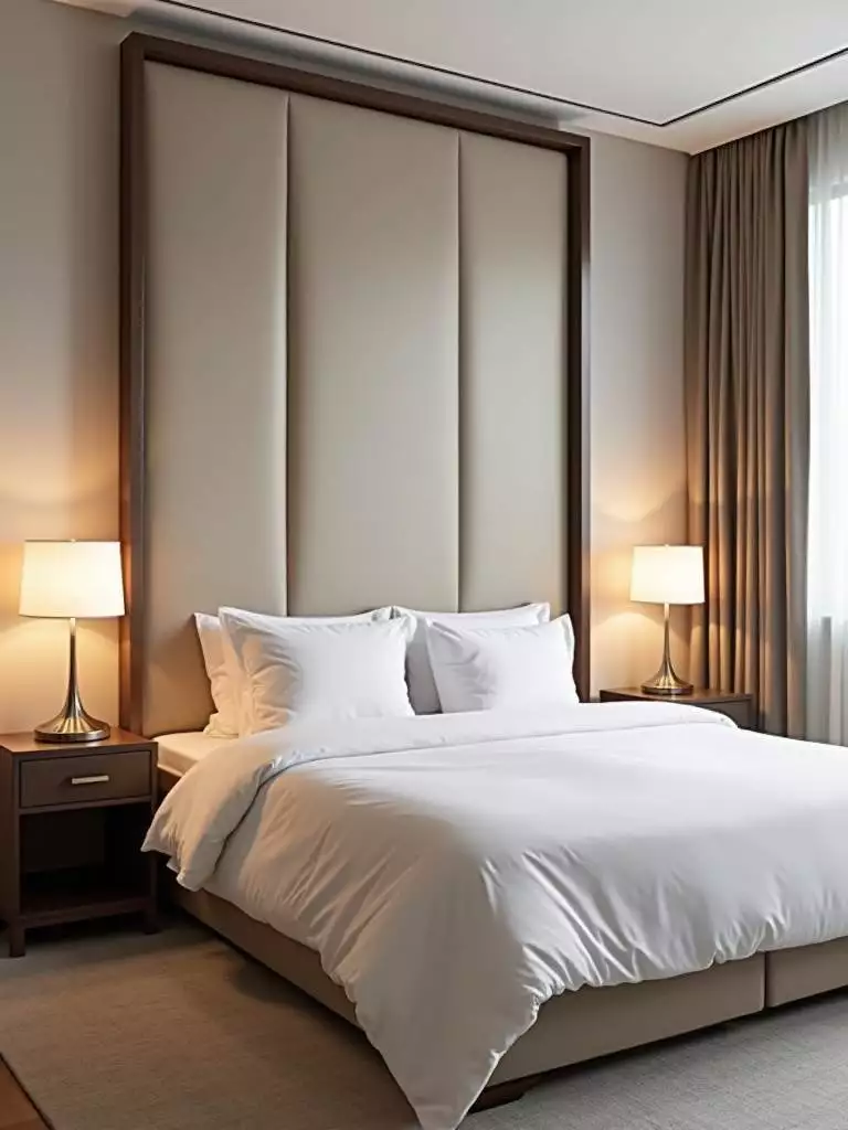 Small bedroom with a tall beige upholstered statement headboard, adding personality and style without clutter.