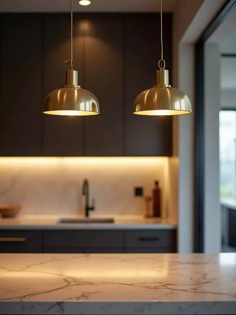 Statement pendant lights with a brushed brass minimalist design hang above a luxury kitchen island, casting warm and inviting light onto the countertop below.