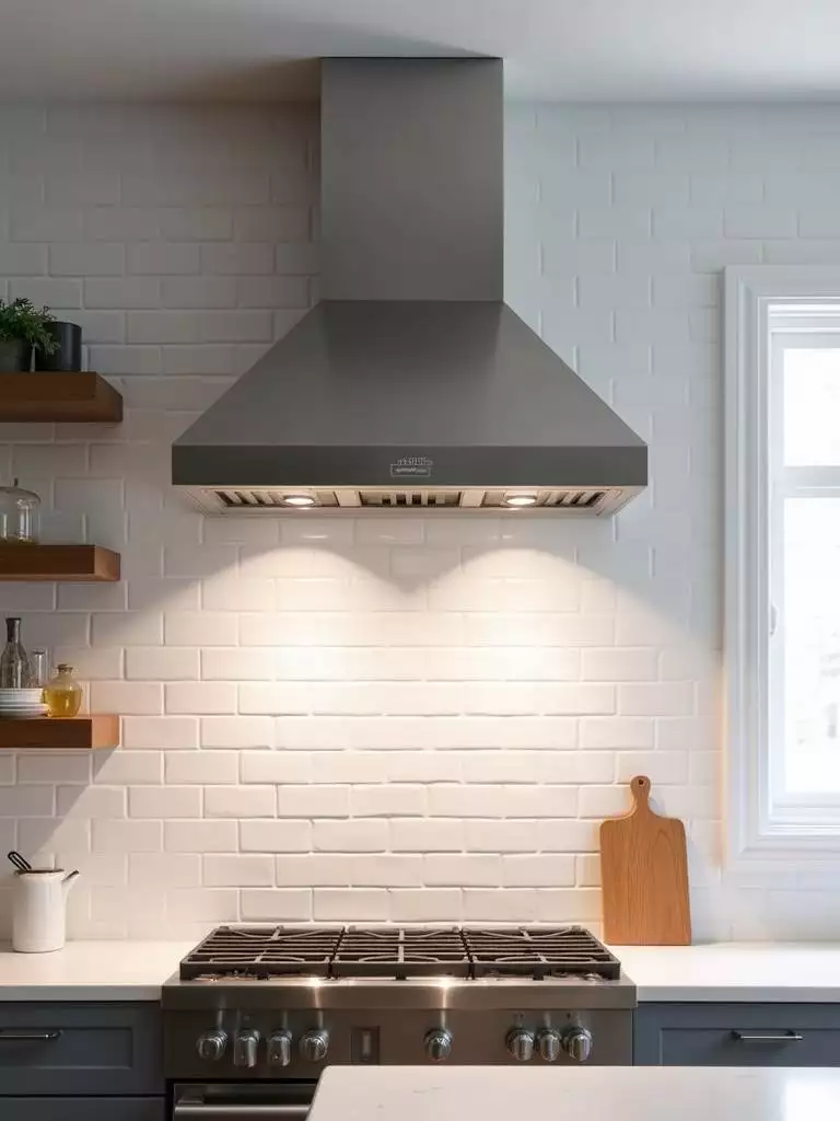 Modern kitchen featuring a statement stainless steel chimney-style range hood.