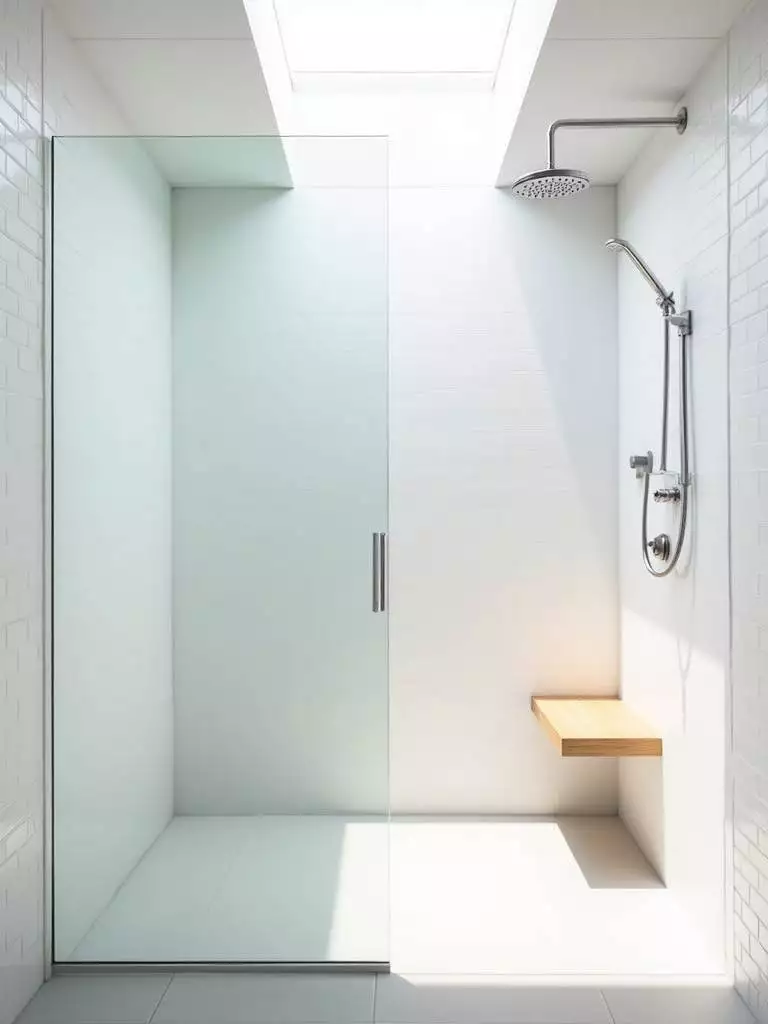 Small minimalist bathroom with a curbless walk-in shower featuring a clear glass panel and light wood bench, maximizing spaciousness and accessibility in the bright white and light grey room.