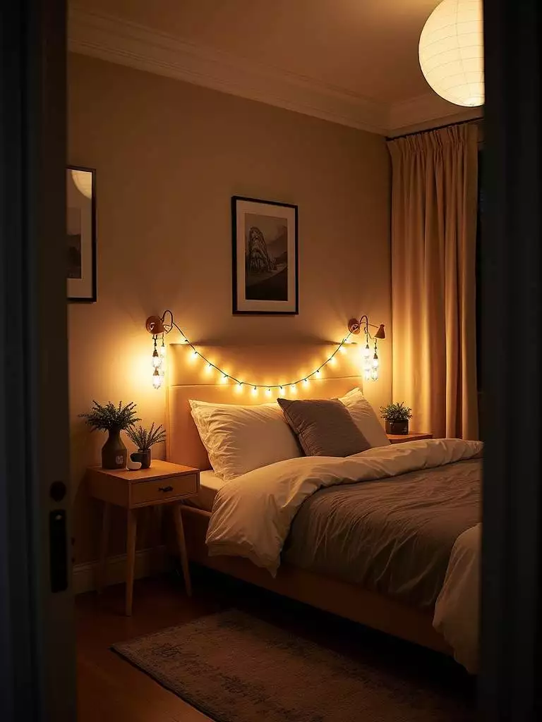 Small bedroom at night with layered lighting, including ceiling light, bedside lamps, and string lights, creating a warm ambiance.