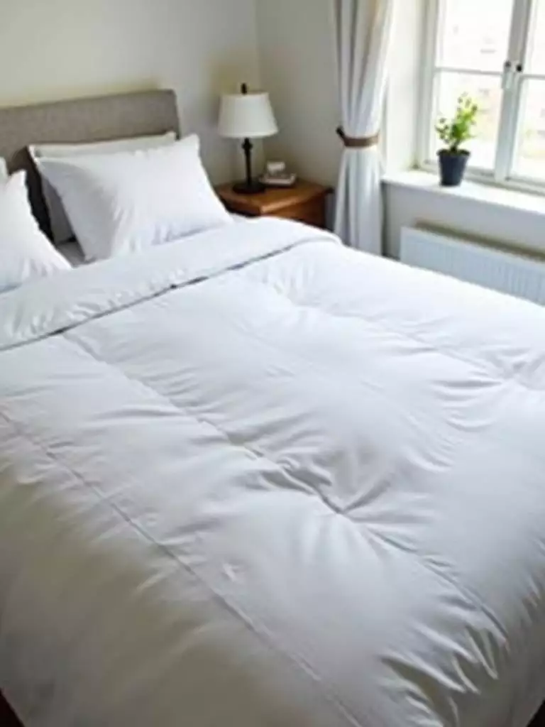 Close-up of a neatly made bed with white streamlined bedding and a simple grey duvet cover in a small bedroom.