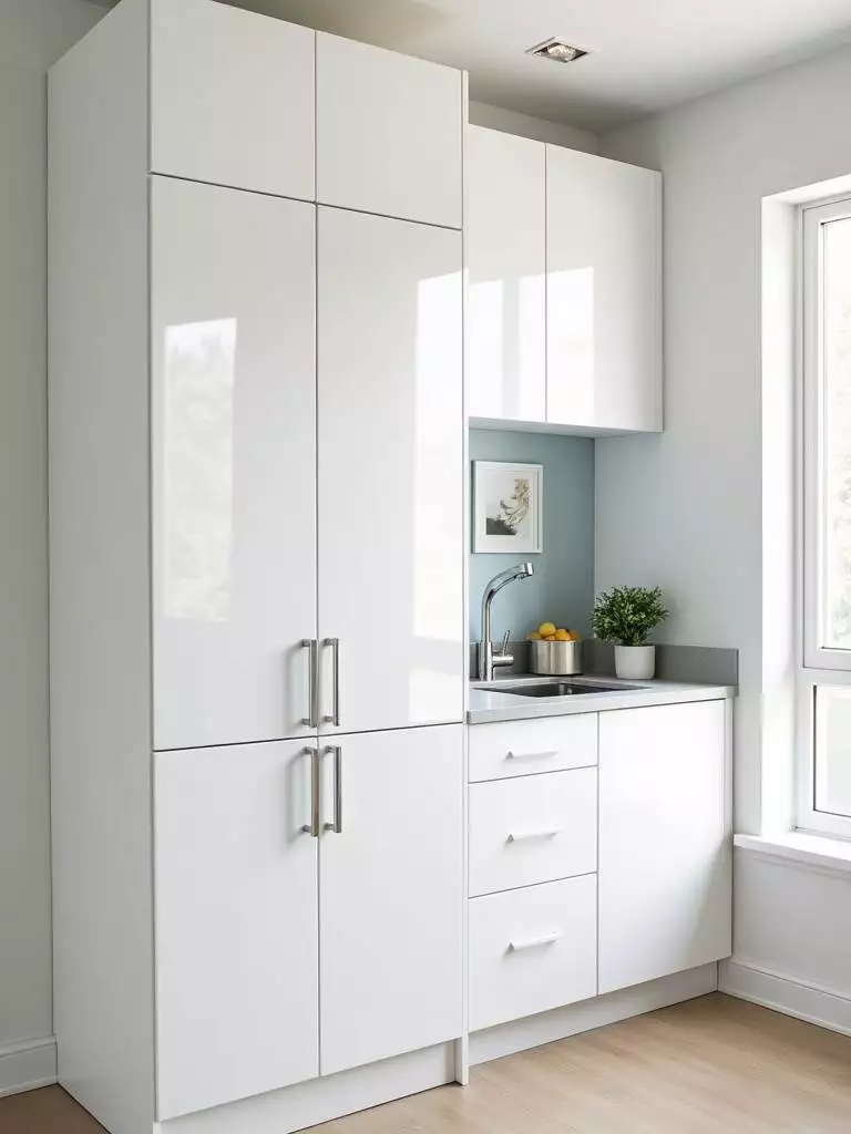 Modern minimalist kitchen with white streamlined cabinetry and integrated appliances.
