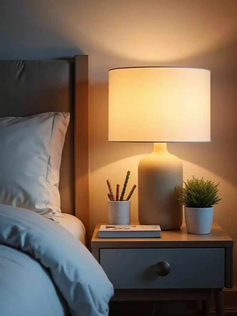 Stylishly arranged nightstand with a lamp, books, and decorative items, enhancing bedroom coziness and functionality.