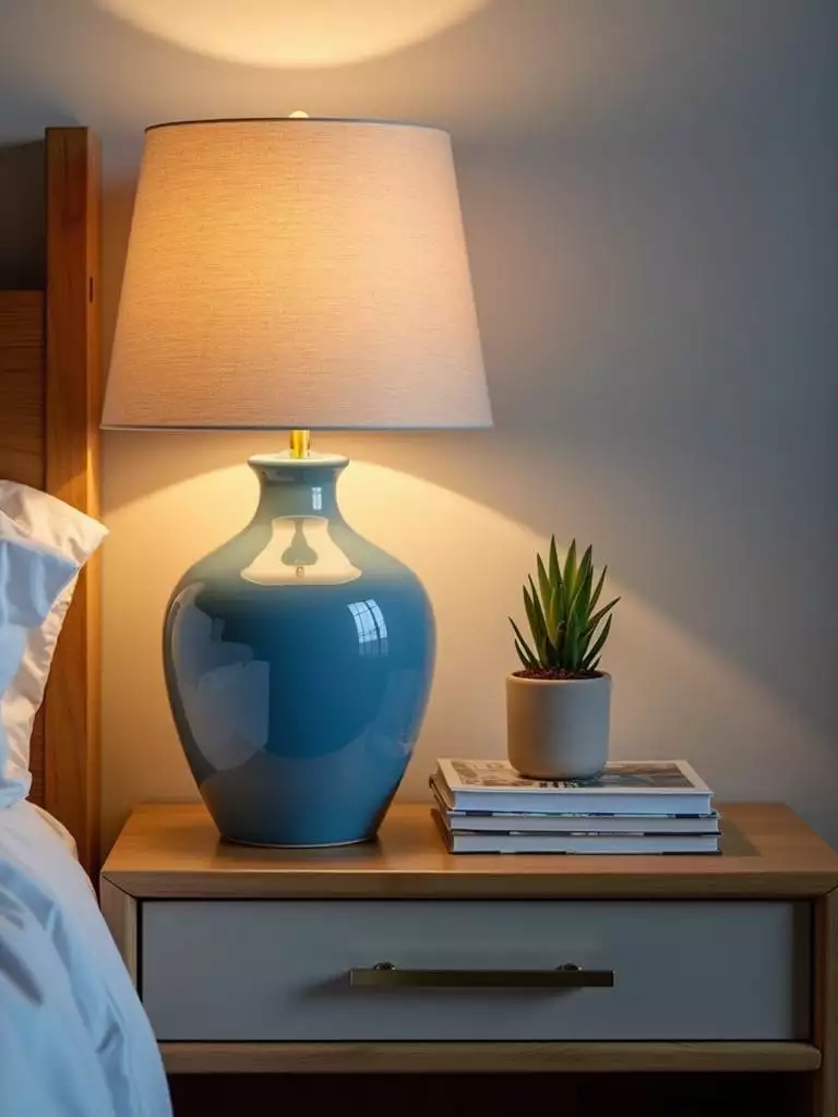 Bedside table setup featuring a stylish blue ceramic lamp with a neutral lampshade, books, a small plant, and warm, inviting lighting.