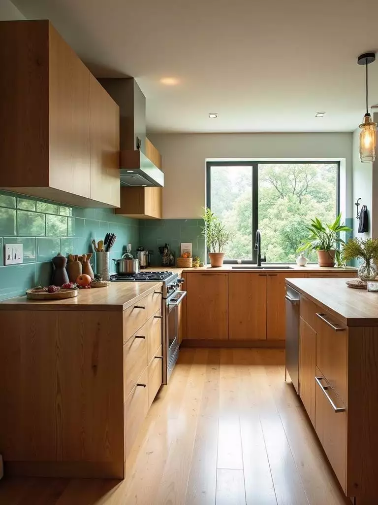 Modern sustainable kitchen featuring bamboo cabinets and reclaimed wood elements.