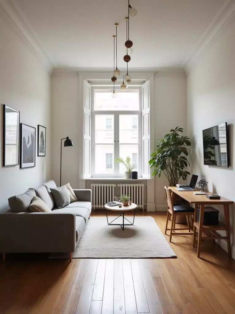 Contemporary living room with a long and narrow shape transformed by clever zoning and furniture placement to create functional and distinct areas.