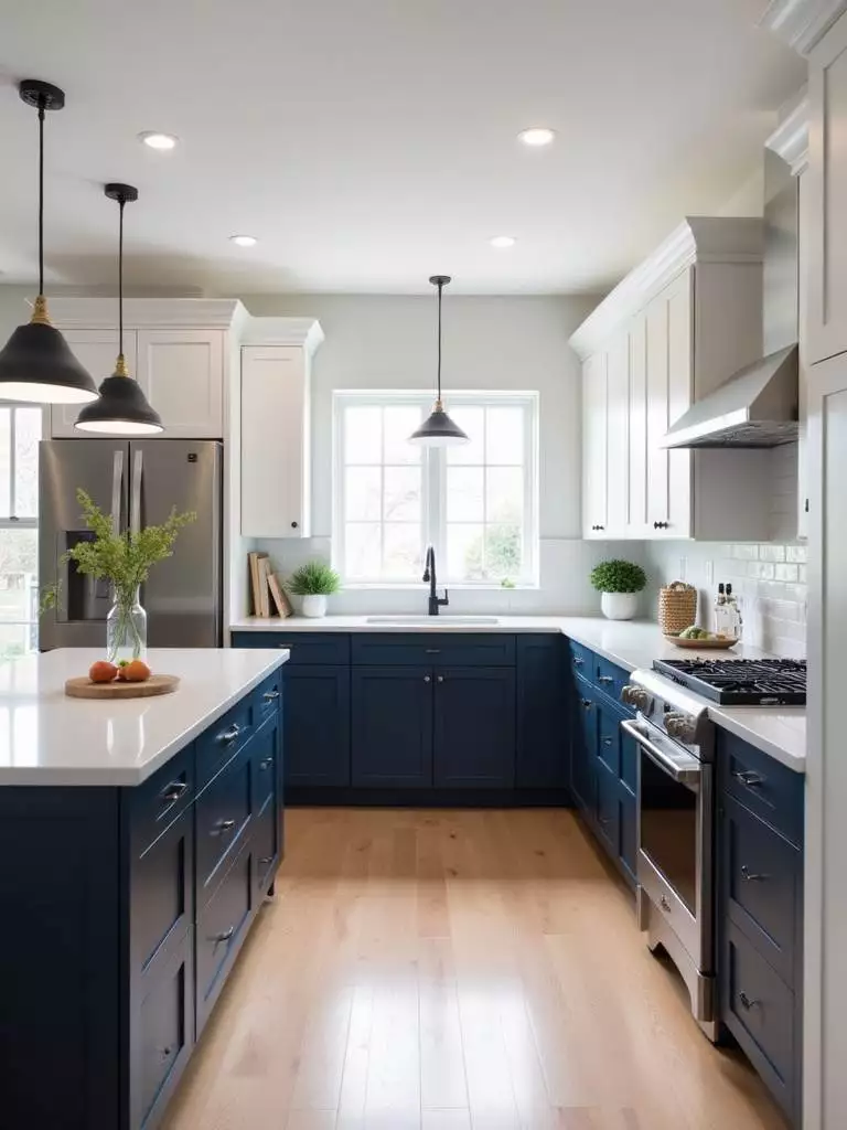 Modern two-tone kitchen with white upper cabinets and navy blue lower cabinets.