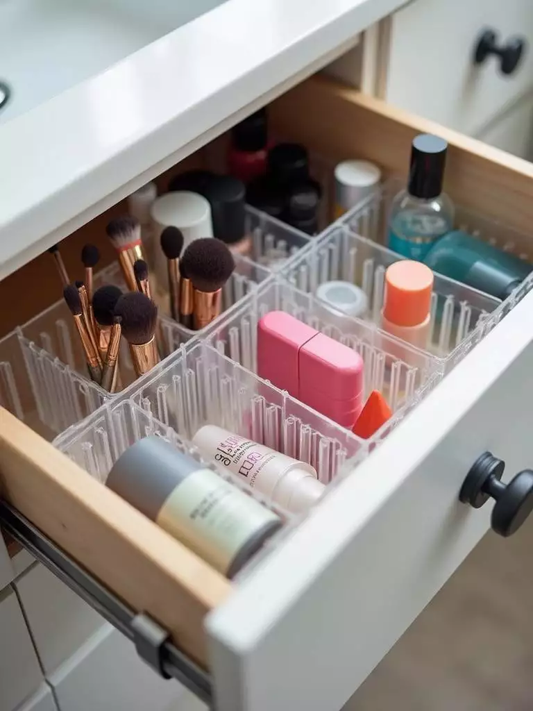 Close-up view of an organized bathroom vanity drawer, featuring clear plastic dividers neatly separating makeup brushes, lipsticks, and skincare bottles, showcasing efficient and tidy storage.