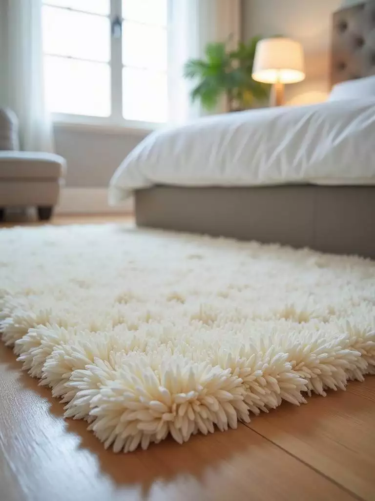 Plush ivory shag rug under a king-size bed creating warmth and luxury.