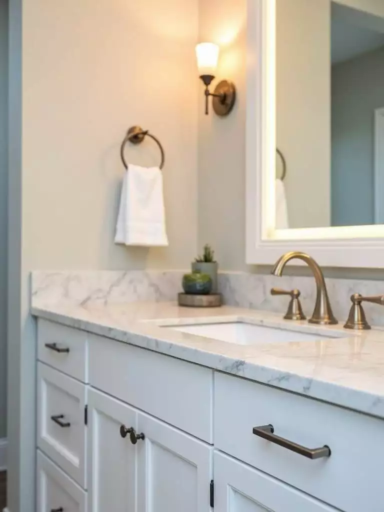 Bathroom vanity with updated brushed nickel hardware, a budget-friendly upgrade.