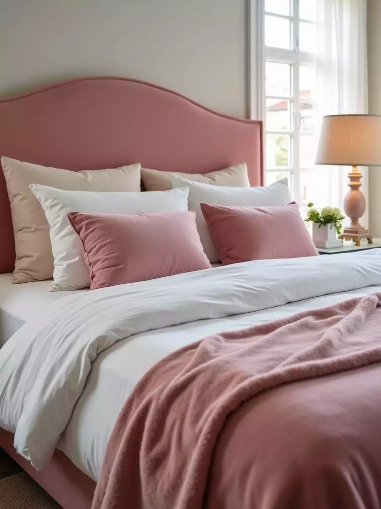 King-size bed with blush pink velvet headboard and velvet throw pillows.