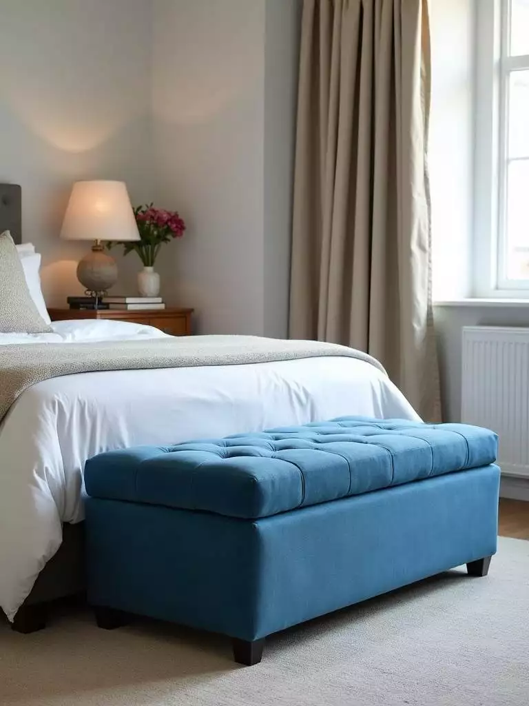 Bedroom seating area with a versatile blue ottoman placed at the foot of the bed, upholstered in soft blue fabric, serving as both seating and storage in a cozy and functional bedroom.
