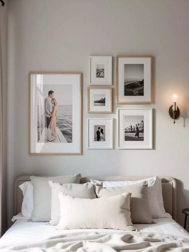 Romantic gallery wall above a bed with abstract art and black and white photography.