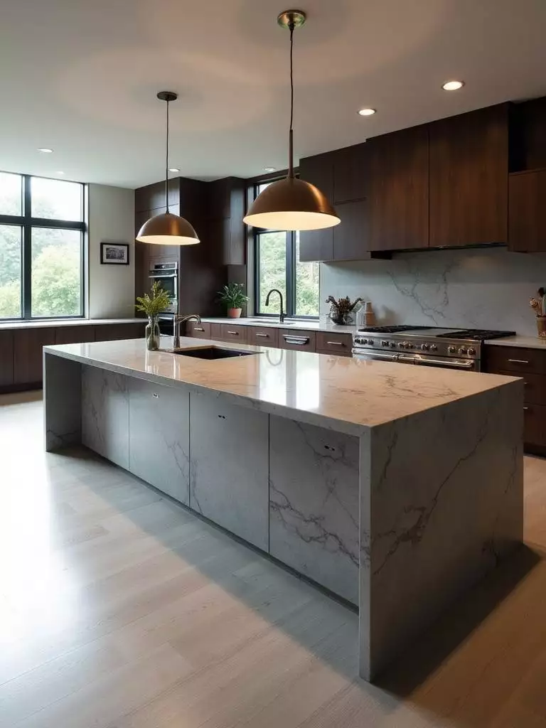 Modern kitchen featuring a large island with a dramatic gray quartz waterfall countertop.