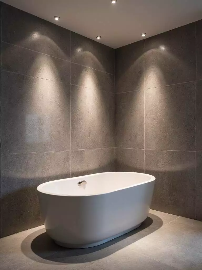 Modern bathroom with spotlights highlighting textured stone wall and freestanding bathtub.