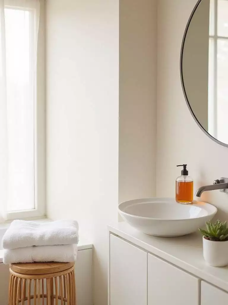 Modern bathroom with affordable decor accents like bamboo stool, glass soap dispenser, and succulent.
