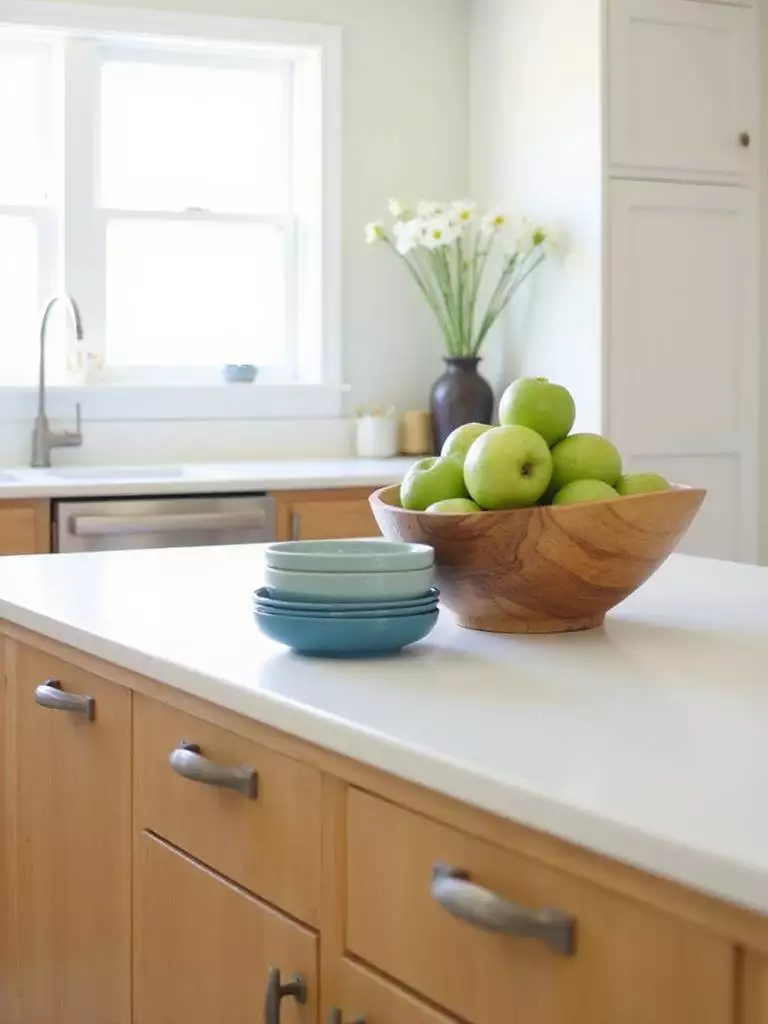Kitchen island decorated with wooden bowl filled with apples and a stack of blue ceramic bowls.
