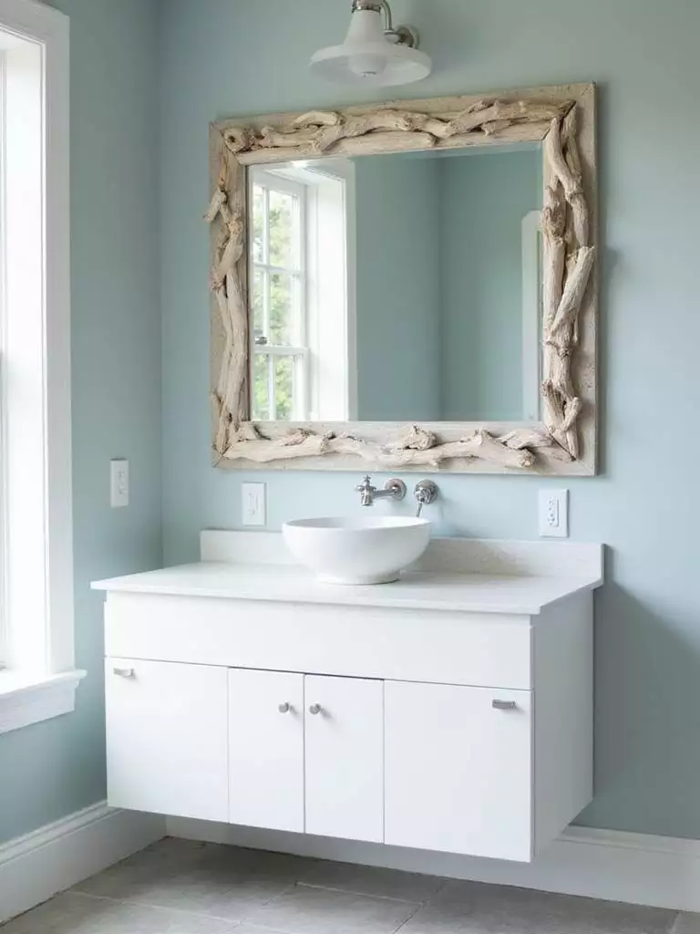 Coastal bathroom with driftwood mirror frame and soft blue walls