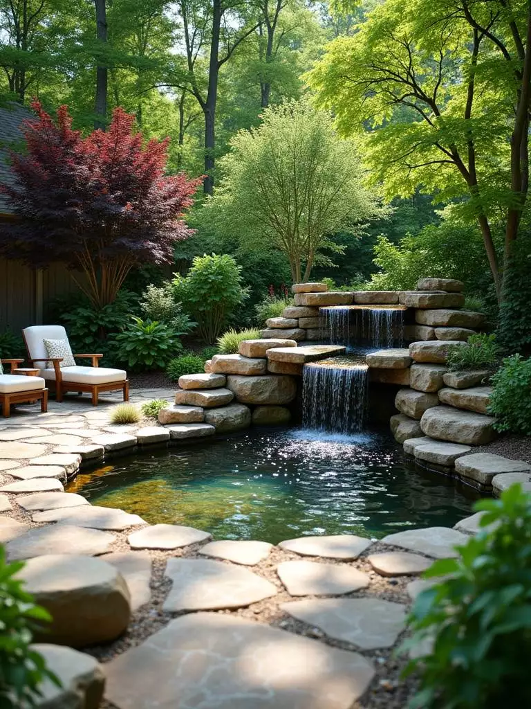 Backyard patio with a stone waterfall flowing into a pond, creating a relaxing outdoor escape.
