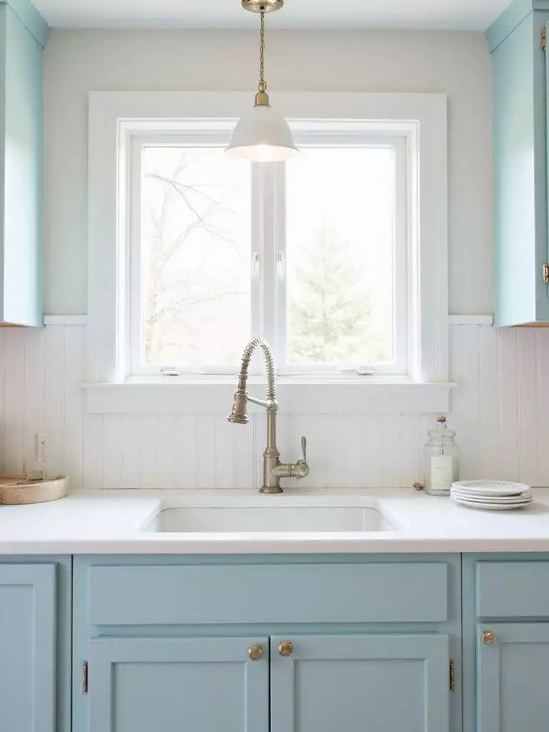 Cottage kitchen with white beadboard backsplash