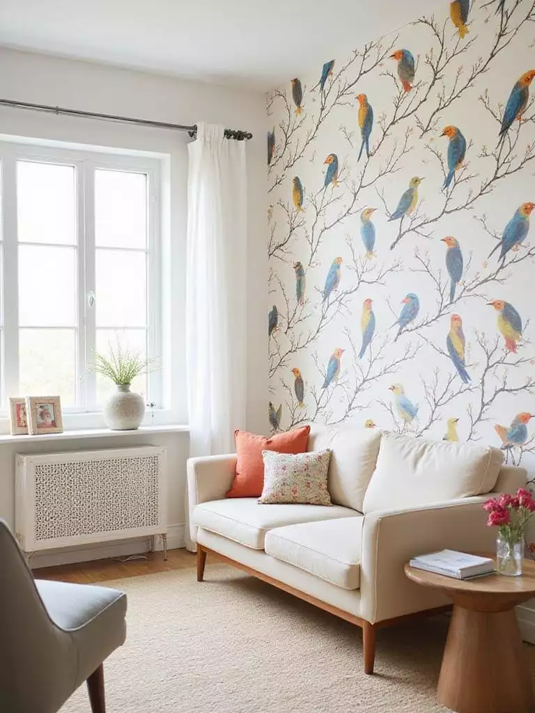 Living room with whimsical bird wallpaper accent wall