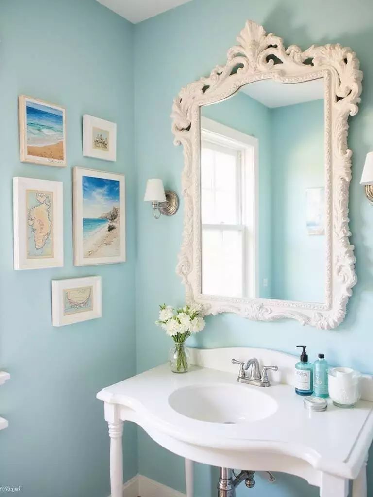 Coastal bathroom featuring a seashell-framed mirror and a gallery wall of ocean-themed artwork.