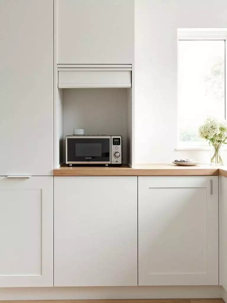 Appliance garage in a modern kitchen, showcasing a toaster and coffee maker, maximizing counter space.