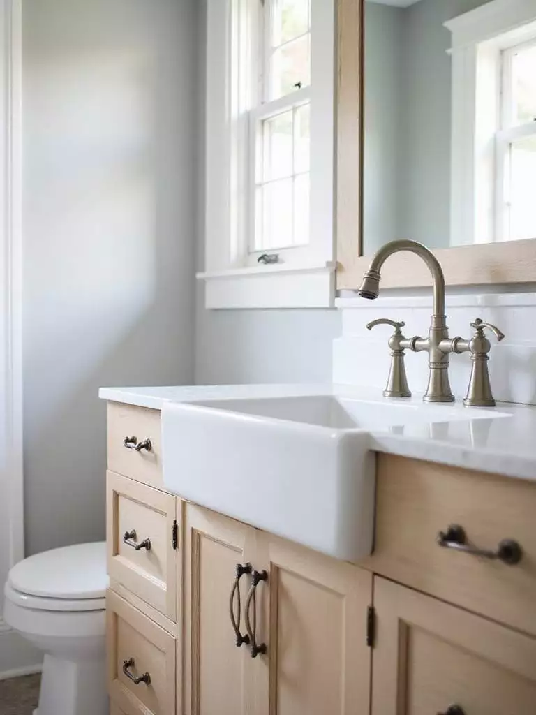 White fireclay apron-front sink in a farmhouse bathroom