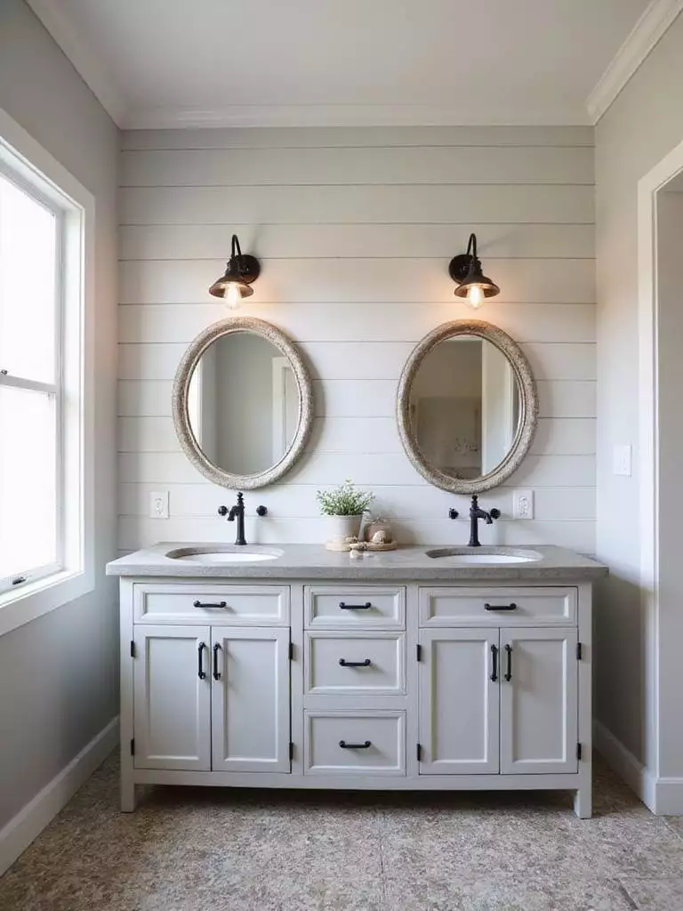 Farmhouse bathroom with industrial pendant lights above a double vanity