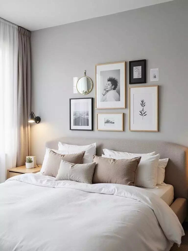 Modern bedroom with a gallery wall featuring black and white photography and minimalist art.