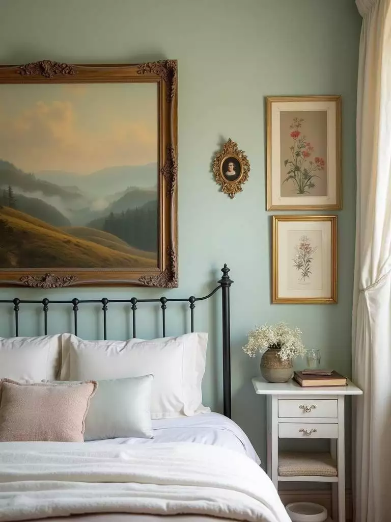 Vintage bedroom with landscape painting and botanical print gallery wall