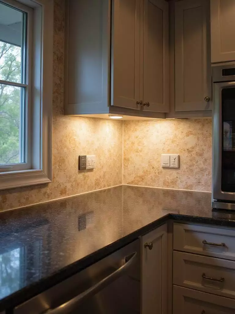 Modern kitchen with a beautiful backlit onyx backsplash providing ambient lighting.