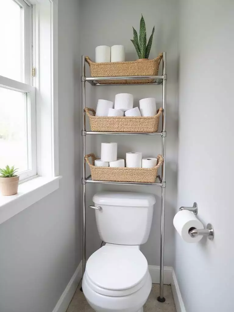 Bathroom over-toilet shelving unit with stylish seagrass and white plastic baskets holding towels, toilet paper, and plants.
