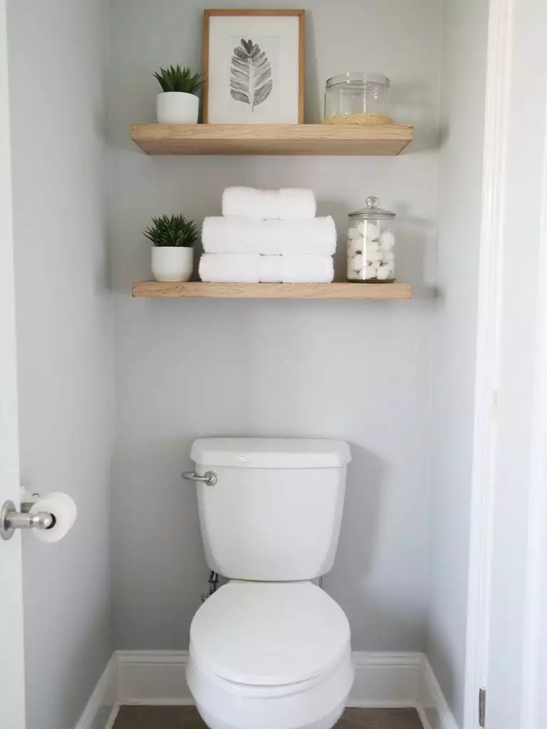 Stylish wooden over-toilet shelves with decorative towels, plant, and artwork in a modern bathroom.