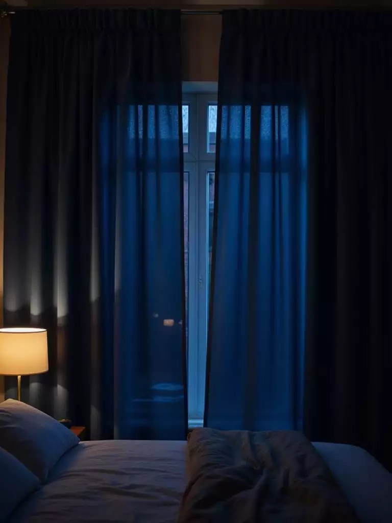 Dark blue velvet blackout curtains creating a peaceful sleep environment in a bedroom.