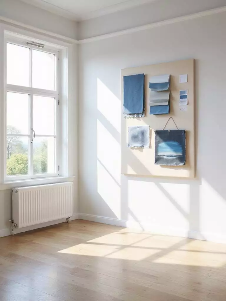 Master bedroom with mood board featuring fabric swatches and furniture images