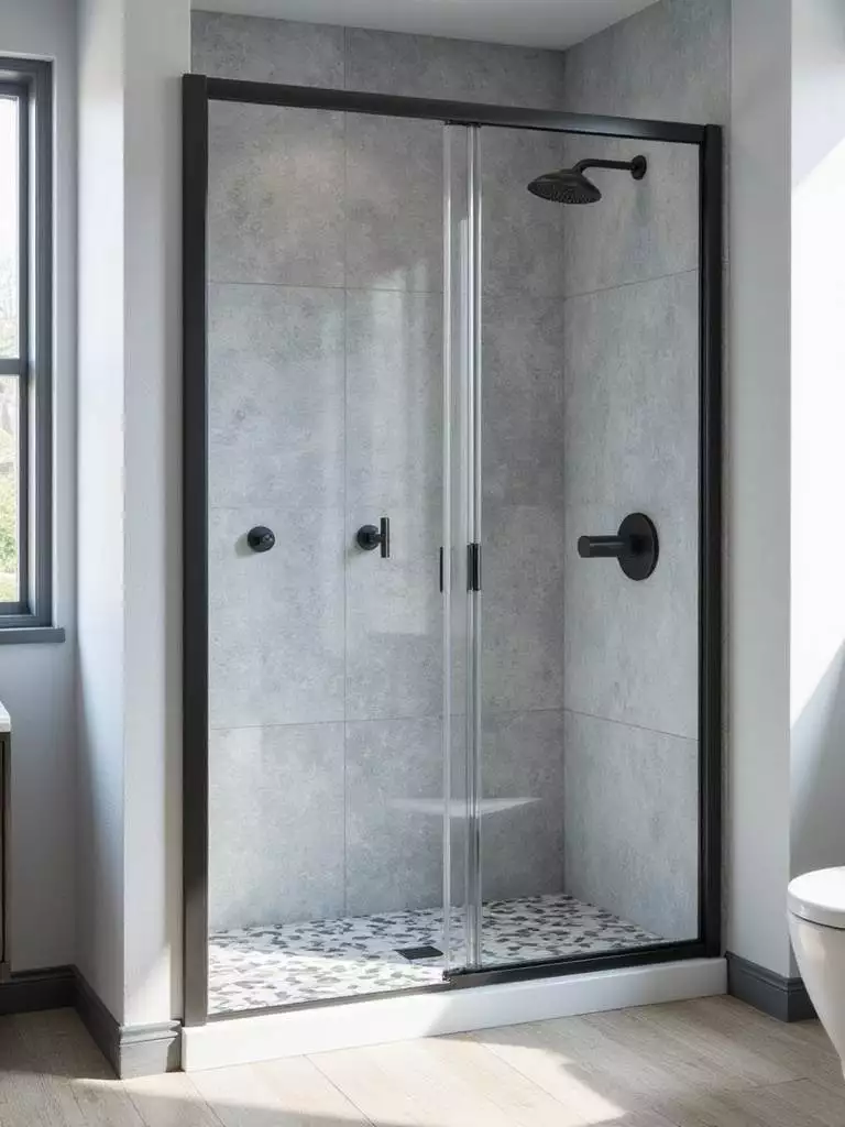 Modern bathroom with a black framed shower enclosure and geometric tile.