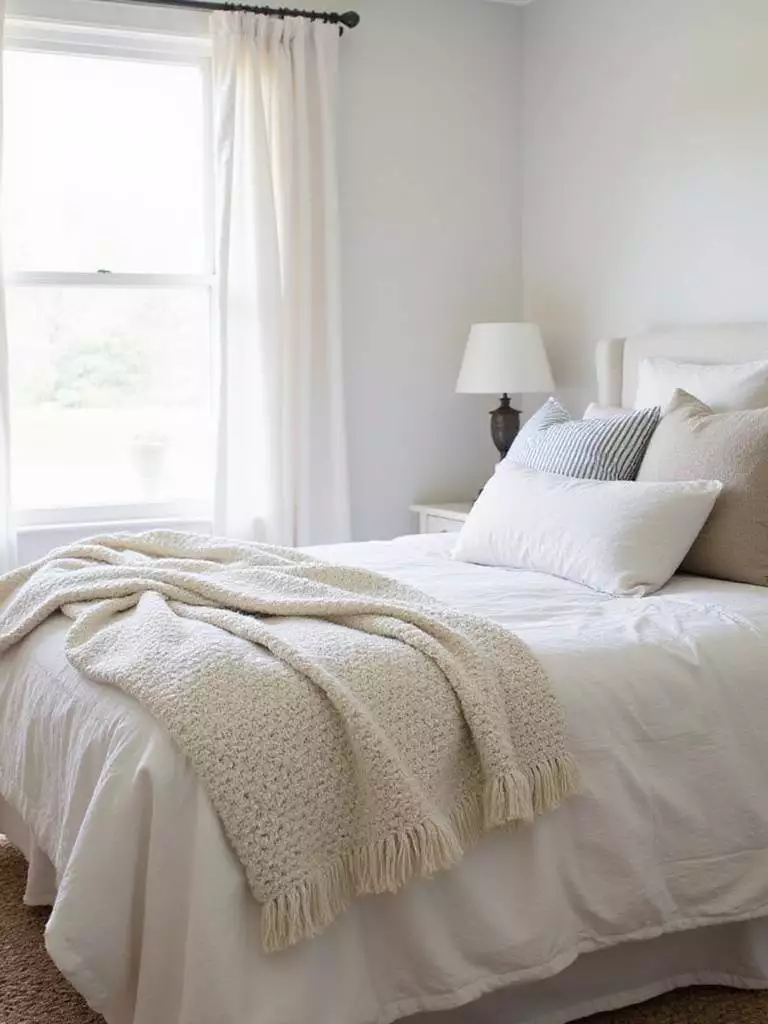 Farmhouse bedroom with linen bedding, wool throw, burlap curtains, and jute rug.