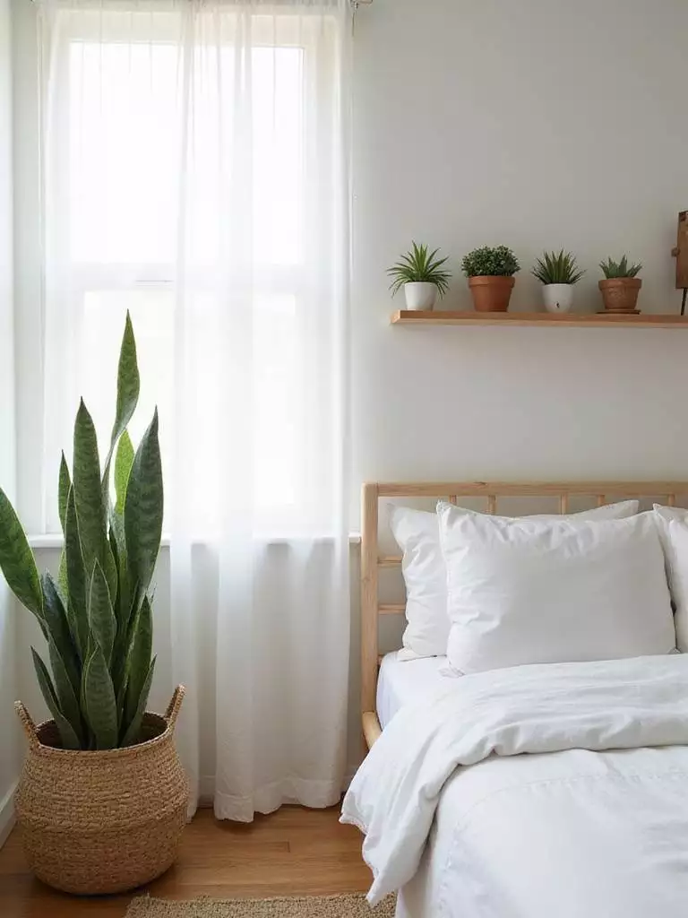 Minimalist bedroom with indoor plants creating a calming sanctuary