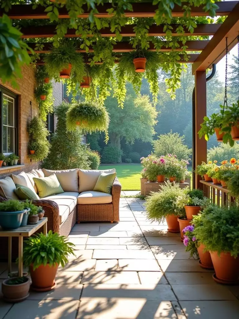 Lush backyard patio with potted plants and comfortable outdoor furniture.